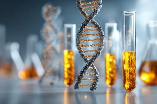 Detailed 3D render of a DNA double helix model alongside test tubes in a science lab.