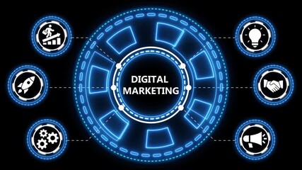 Animated digital marketing infographic with glowing icons and circular design on black - Powered by Adobe
