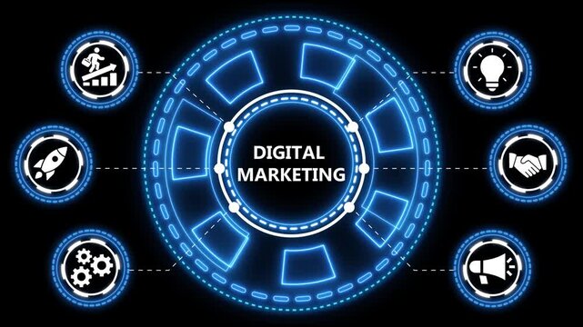 Animated digital marketing infographic with glowing icons and circular design on black