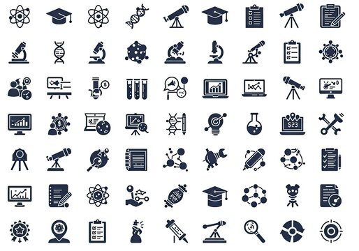 Dynamic collection of science and education icons featuring atoms, microscopes, telescopes, DNA, graduation caps, charts, and research tools for innovative concepts