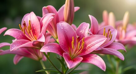 Fototapeta premium Pink Lily Blooms in Garden Sunlight - A Floral Close-Up.