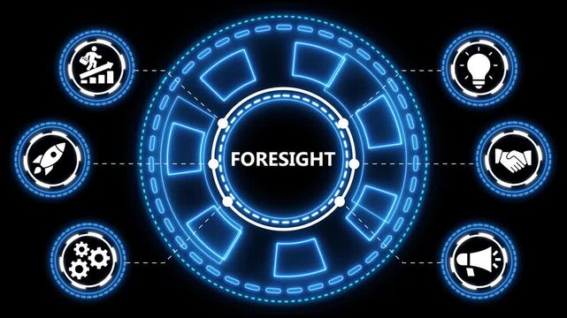 Futuristic foresight concept illustration with icons and glowing blue neon design