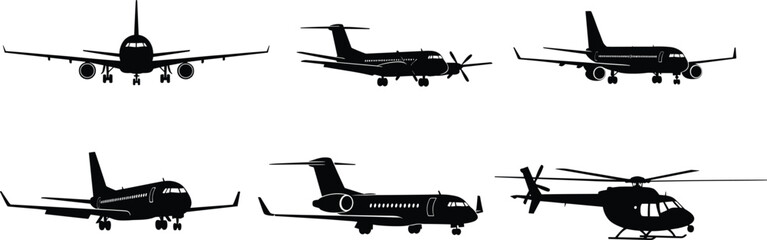 Aircraft and helicopter silhouette set, front and side view icons, jet, propeller plane, black vector graphic, aviation design collection © Fahim Creative