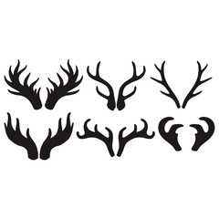 Deer antler silhouette set isolated on white background. Collection of horn, moose, elk and reindeer shapes. Vector illustration for hunting, wildlife, logo and rustic design concept