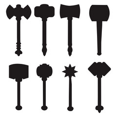 Medieval weapon silhouette set isolated on white background. Collection of axe, hammer, mace and war tools. Ancient battle weapon icons, vector illustration for history