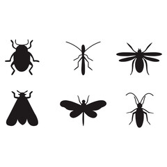 Insect silhouette set isolated on white background. Collection of bug, beetle, fly, dragonfly, mosquito and wasp icons. Vector illustration for biology, nature, pest control and design