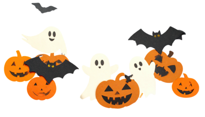 Paper cutouts smiling pumpkins, ghosts, bats. Halloween decoration against black