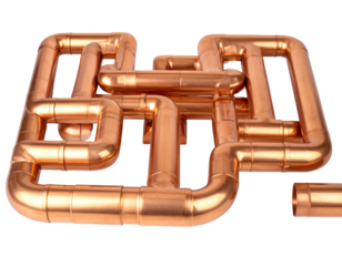 Complex arrangement of shiny copper pipes, curves, angles, and connections