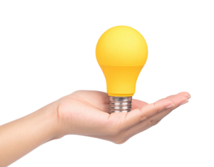 Hand cupping a bright yellow lightbulb against a black background, simple concept