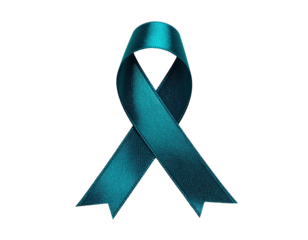 A teal-colored awareness ribbon, rendered in silk, isolated against a black background
