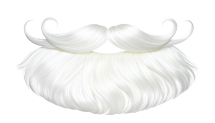 Fluffy white beard and mustache with upward curling ends; festive and iconic look