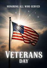 American Flag Waving Proudly on Veterans Day, Honoring Service and Sacrifice with a Radiant Sunrise Sky Background