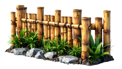 Natural Bamboo Fence with Lush Green Plants and Zen Rocks Isolated on Black Background for Garden Design & Asian Inspired Decor