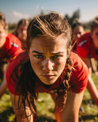 Determined female rugby player during intense field training