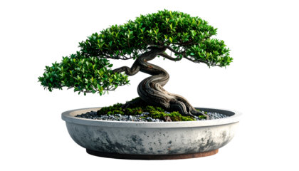 Zen Bonsai Tree in Concrete Pot Isolated on Black - Miniature Japanese Art of Nature, Serenity, and Growth for Modern Design & Wellness Concepts