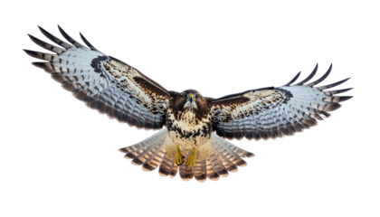 Bird of prey with wings outstretched, viewed head-on, against a dark background