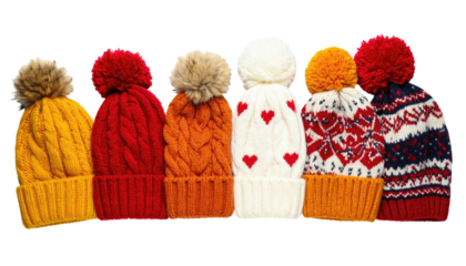A row of vibrantly colored knitted winter hats with pom-poms, on a transparent background
