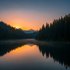 Fototapeta premium Serene Lake Reflection at Sunrise - A Tranquil Mountain Landscape.