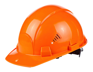Close-up of a shiny, orange safety helmet. Side view, with a solid black background