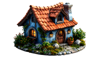 Magical Fairytale Cottage: Whimsical Miniature Dream Home with Glowing Windows & Vibrant Garden, Isolated for Fantasy & Storytelling Concepts