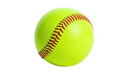 Bright yellow softball with red stitching, isolated on black, floating in space