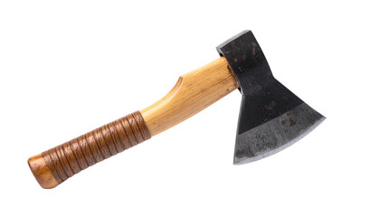 A weathered axe with wooden handle and metal blade, isolated on black