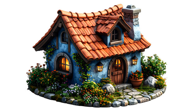 Magical Fairytale Cottage: Whimsical Miniature Dream Home with Glowing Windows & Vibrant Garden, Isolated for Fantasy & Storytelling Concepts