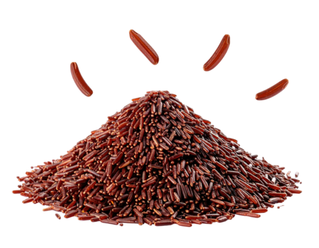 Pile of dark, slender grains with a few playfully levitating above a black backdrop