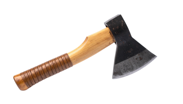 A weathered axe with wooden handle and metal blade, isolated on black