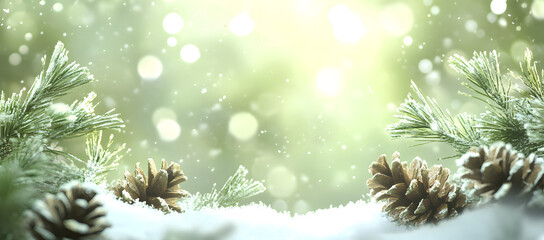 A candle with star anise and pine cones, on the right side of the photo, against a light green background, decorated for Christmas.