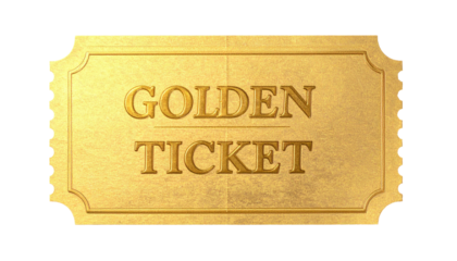 Gleaming golden ticket with embossed text on black background