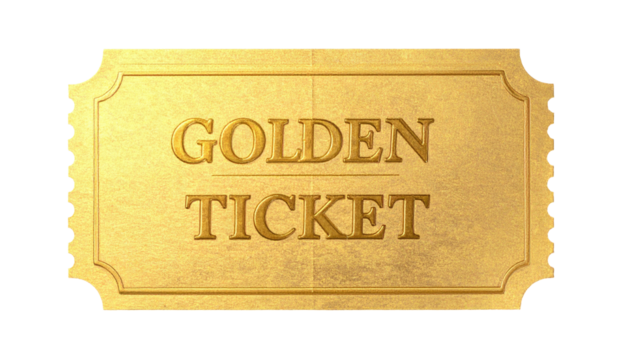 Gleaming golden ticket with embossed text on black background