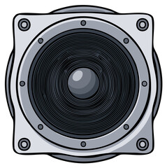 Fototapeta premium Close up of a gray square speaker with a black cone and visible screws