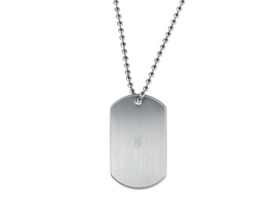 Plain, silver dog tag pendant hanging on a ball chain, isolated on black