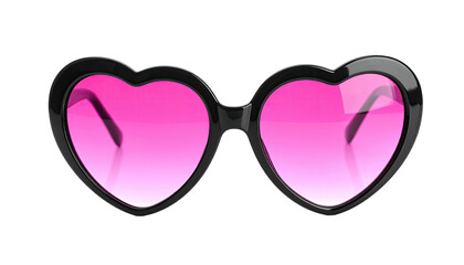 Fototapeta premium Heart-shaped black-framed sunglasses with pink lenses, centered on black background