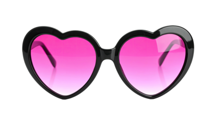Heart-shaped black-framed sunglasses with pink lenses, centered on black background