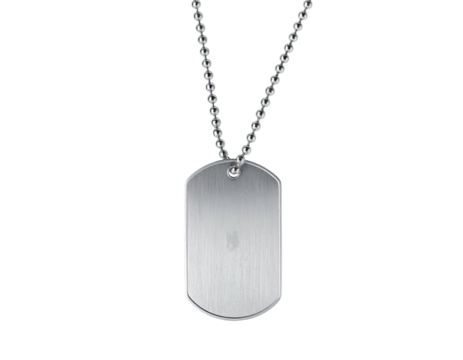 Plain, silver dog tag pendant hanging on a ball chain, isolated on black