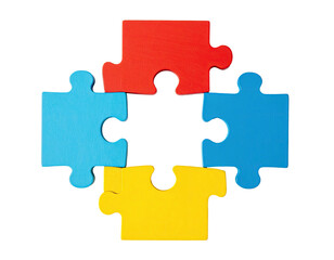 Four colorful puzzle pieces almost connected, with a black background