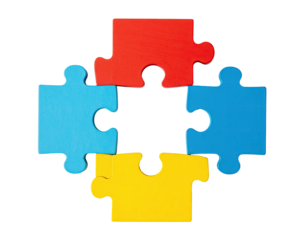 Four colorful puzzle pieces almost connected, with a black background