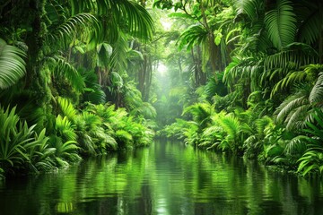 Obraz premium Lush jungle waterway. Sunlight filters through dense foliage