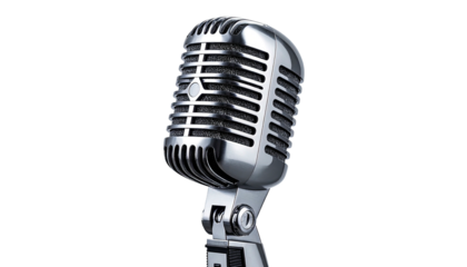 Shiny chrome microphone against a black background, classic design, studio ready