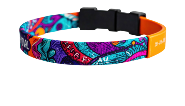 A colorful fabric wristband with an artistic design and plastic clasp