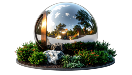 Modern Chrome Sphere Sculpture Reflecting Lush Garden & Golden Sunset. Futuristic Abstract Art Installation for Luxury Landscape Design Isolated on Black.