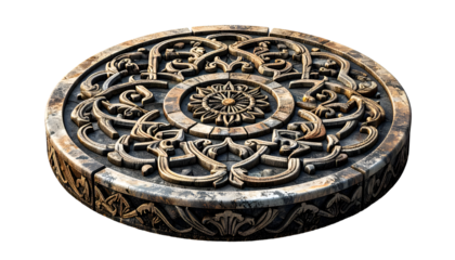 Intricate Stone Carving: Ancient Ornate Circular Medallion with Floral Relief Pattern on Black Background, Architectural Detail, Cultural Heritage
