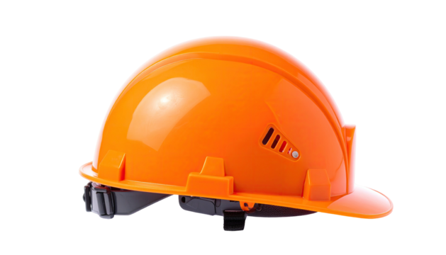 Bright orange safety helmet, isolated against a black backdrop, with visible detailing