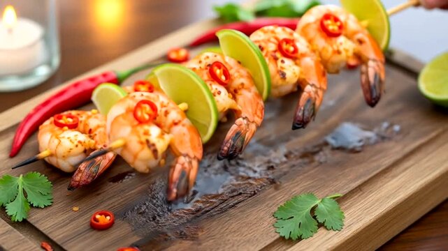 Grilled shrimp skewers garnished with lime and chili, served on a wooden platter with herbs