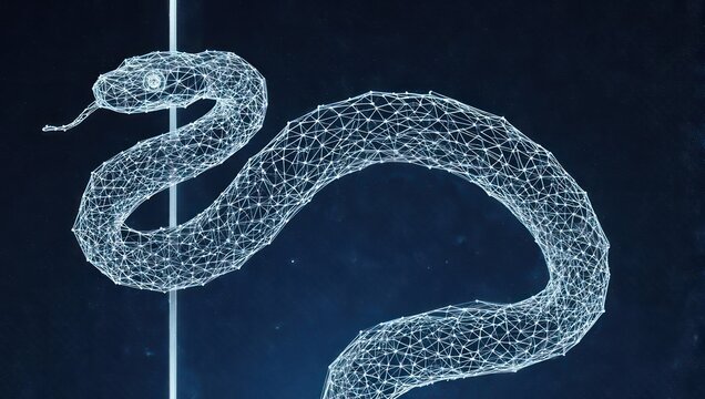 Digital depiction of a snake formed from connecting lines and dots against a dark blue background