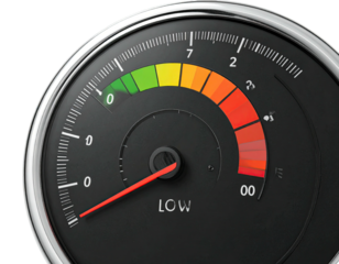 Close-up of a gauge showing low levels; needle points near the zero mark