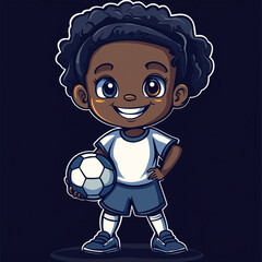 Cute cartoon child in sports uniform holding a soccer ball