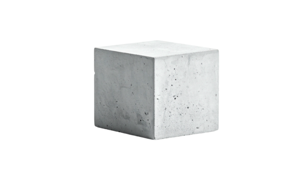 A single, rough concrete cube floats against a pure black background - Powered by Adobe